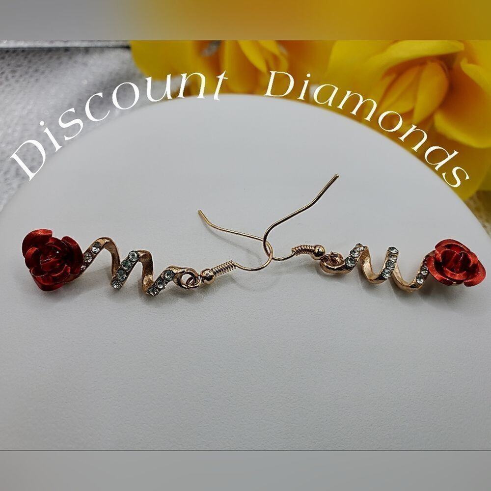 White Baguette Diamonds Enamel Red Flower Earrings 925 French Wire